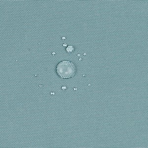 May include: A solid light blue fabric with a tight, woven texture. Several clear water droplets of varying sizes are scattered across the surface, demonstrating a water-repellent quality of the material.