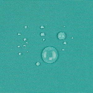 May include: A solid teal fabric with a tight, woven texture. Several clear water droplets of varying sizes are scattered across the surface, resting on top of the material without being absorbed into the tightly knit synthetic fibers.
