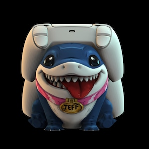 Op de afbeelding: Een blauwe haai met een witte gamecontroller op zijn kop. De haai draagt een roze halsband met een gouden tag waarop "JEFF" staat.