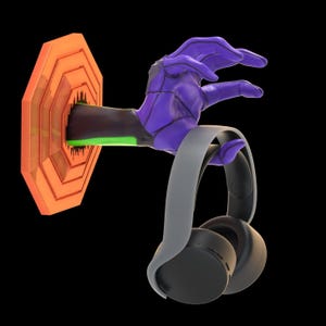 May include: A purple robotic hand reaches out of a circular orange target, holding a pair of black over-ear headphones.