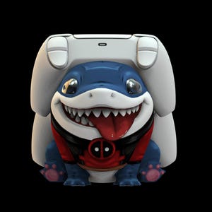 May include: A blue and white shark figurine wearing a red and black superhero costume. The shark is holding a white gaming controller.