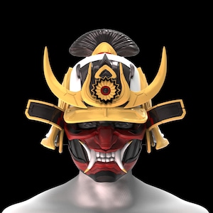 May include: A red and black samurai helmet with gold accents and a white and gold crest. The helmet has a fierce, stylized face with sharp teeth and a black and red design.