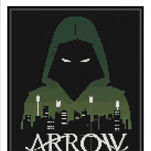 May include: A black and green pixel art image of the Green Arrow superhero with the word "ARROW" in white text below. The image is set against a black background.