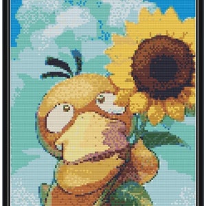 May include: A cartoon bird with a yellow body, brown wings, and large eyes holds a sunflower with yellow petals and a brown center. The bird is standing in front of a blue sky with a white cloud.
