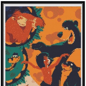 May include: A vintage-style illustration of characters from the Jungle Book. The image features Mowgli, Baloo the bear, Shere Khan the tiger, King Louie the orangutan, and Kaa the python. The characters are depicted in a jungle setting with a bright orange background.