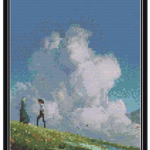 May include: A pixel art cross-stitch pattern of a couple standing on a grassy hill overlooking a body of water. The sky is blue with white clouds.