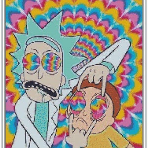 Peut inclure: Une illustration psychédélique de deux personnages de dessin animé avec des motifs tie-dye dans les yeux. L'arrière-plan est un motif arc-en-ciel tourbillonnant.