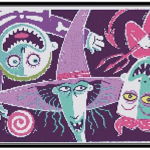 Pode incluir: Um padrão de ponto cruz com quatro personagens do filme 'O Estranho Mundo de Jack'. Os personagens são Oogie Boogie, Sally, Jack Skellington e Lock, Shock e Barrel. O padrão é em uma variedade de cores, incluindo roxo, rosa, verde e branco.