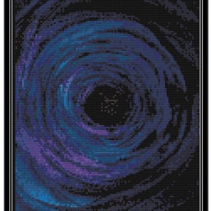 May include: Abstract digital art featuring a swirling pattern in shades of blue, purple and black. The centre of the image is a black circle.