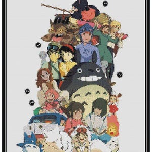 May include: A colourful cross-stitch pattern featuring characters from various Studio Ghibli films, including Totoro, Kiki's Delivery Service, Spirited Away, and My Neighbour Totoro.