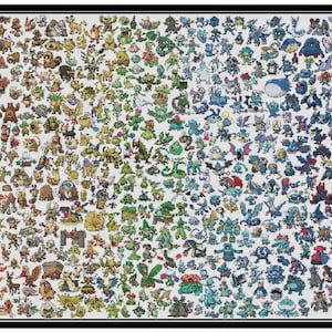 May include: A colorful grid of pixelated images of Pokemon characters. The grid is arranged in rows and columns, with each character depicted in a distinct pose and color scheme. The characters are from the first generation of Pokemon, including Bulbasaur, Charmander, Squirtle, Pikachu, and many more.