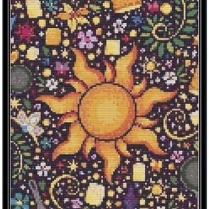 May include: A cross-stitch style design with a large yellow sun at the centre, surrounded by flowers, lanterns, and other decorative elements on a dark background. The artwork has a black border.