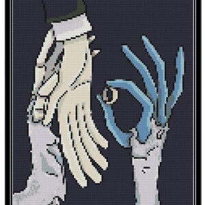 May include: A cross-stitch pattern featuring two hands reaching towards each other. One hand is wearing a white glove and the other hand has a blue eye on its wrist. The background is dark blue.
