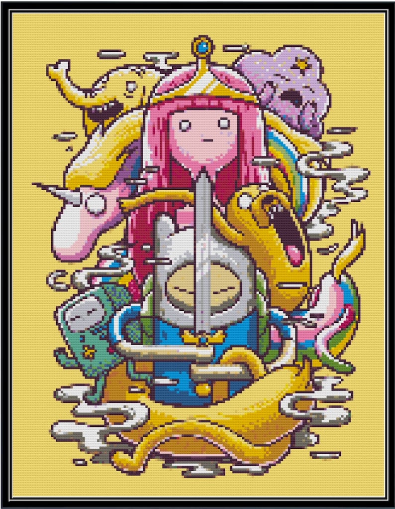 May include: A pixelated illustration of characters from the animated television series Adventure Time. The characters include Finn the Human, Jake the Dog, Princess Bubblegum, Marceline the Vampire Queen, Lumpy Space Princess, BMO, and Ice King. The characters are arranged in a colorful and whimsical design.