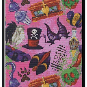 May include: A pink background with various Disney villain icons, including a poison apple, a skull and crossbones hat, a witch's hat, and a magic wand.