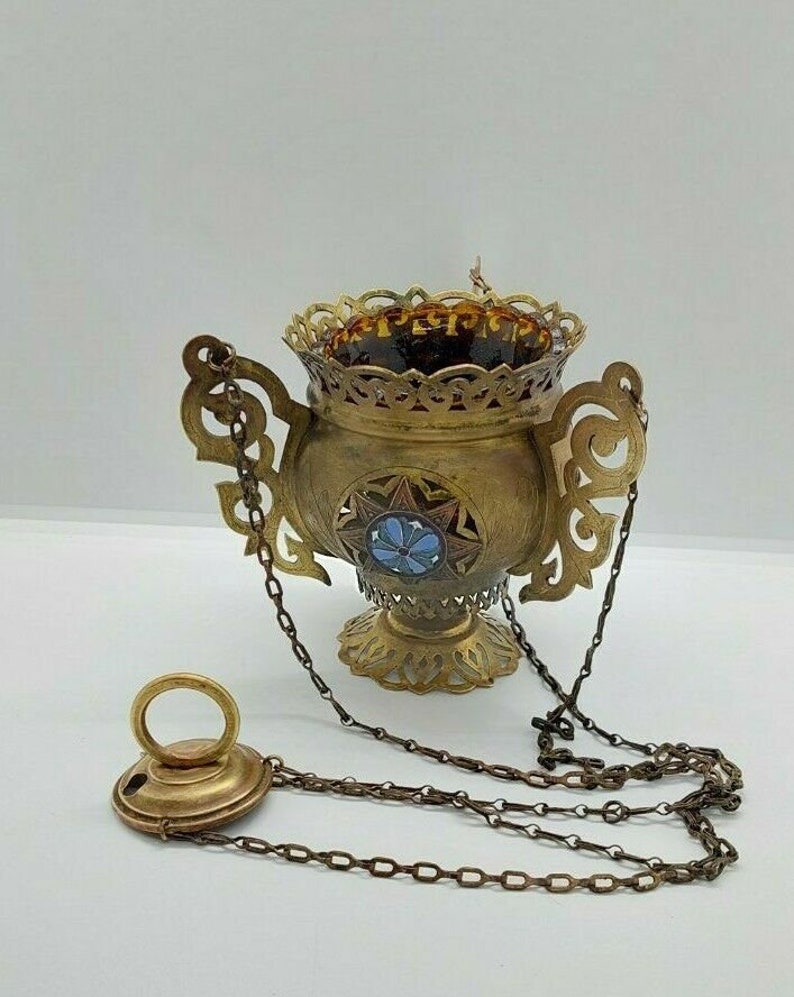 Antique Russian Orthodox Icons Lamp Lampada Brass Enamel 19th Etsy