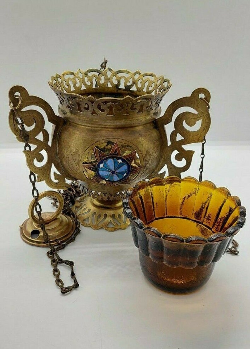 Antique Russian Orthodox Icons Lamp Lampada Brass Enamel 19th Etsy