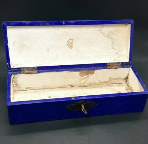 Vintage Blue Jewelry Box, Brass Details. Gem