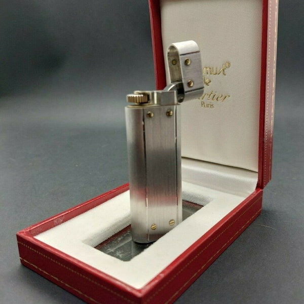 Vintage Cartier Gas Lighter Santos Silver 18K Gold Plated Rivets With Box 94071X.