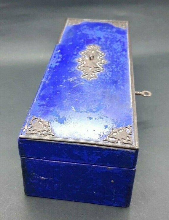 Vintage Blue Jewelry Box, Brass Details. Gem