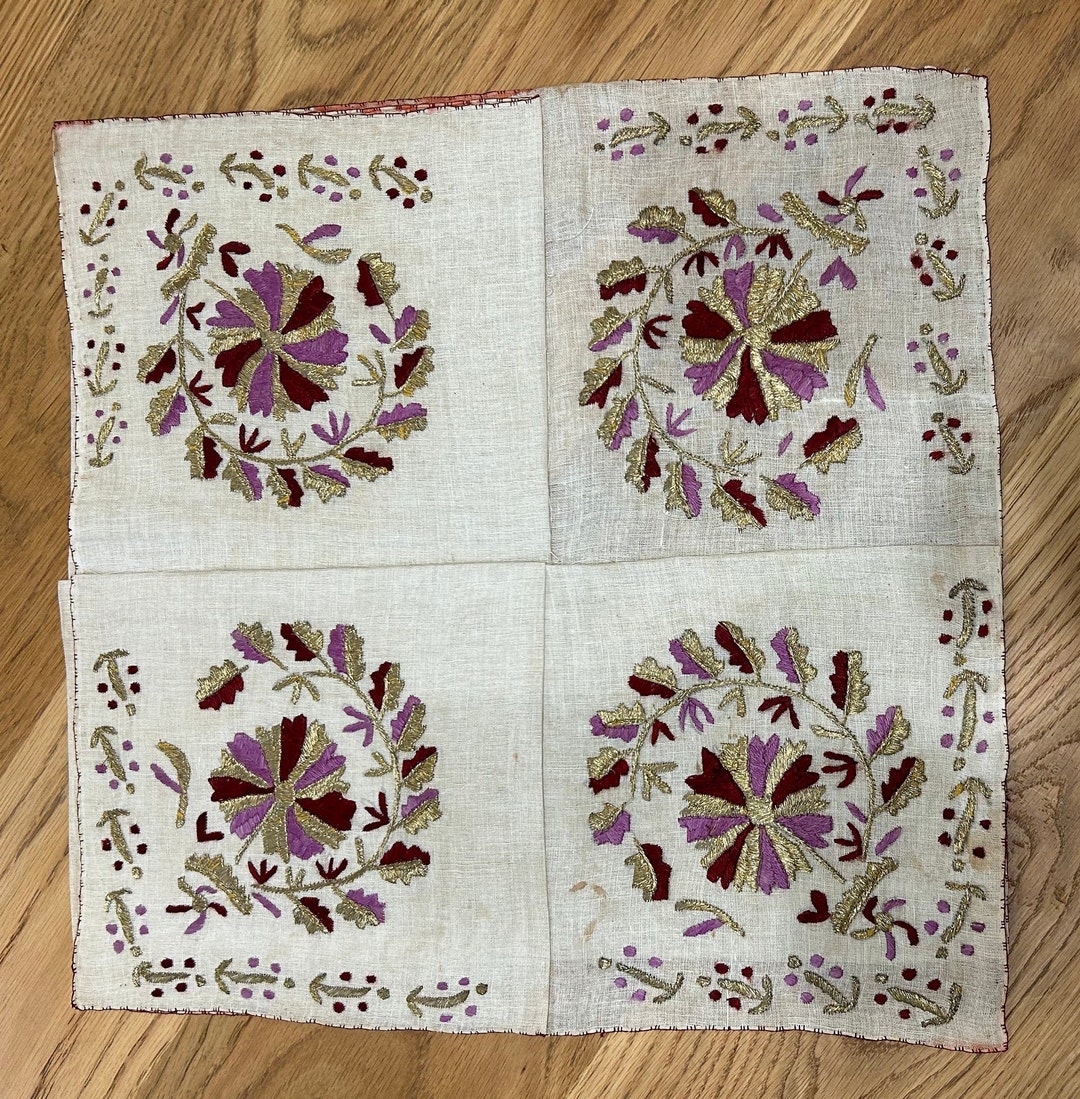 Serviettes anciennes en lin brodées main monogramme lot de 4 - France