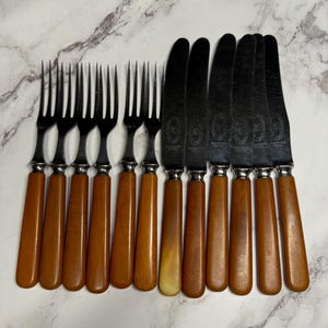 Pode incluir: Conjunto de 10 talheres vintage de aço inoxidável com cabos de plástico castanho. As facas têm as palavras "Stainless Steel" e "Made in England" impressas nas lâminas.