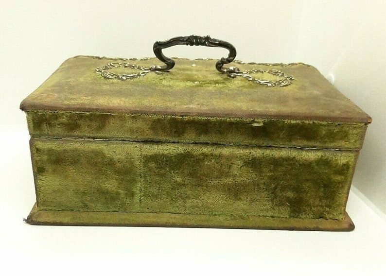 Antique Victorian Jewelry Box Wood Velvet With Tufted Silk Interior