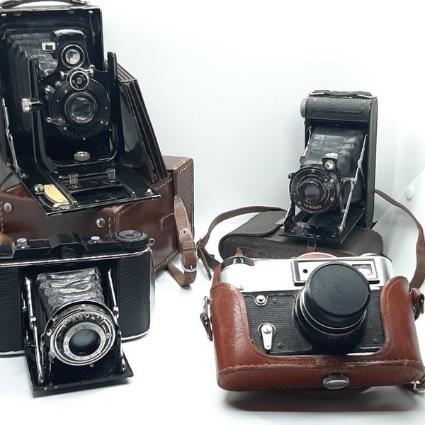 4 Antique Folding Camera (ICA Akt Ges JCAR 180, Agfa, Lumiere, Fed).