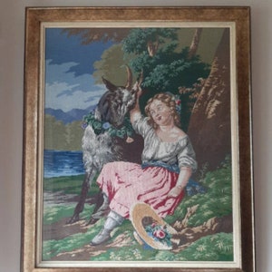 Antike Handstickerei Nadelarbeit Bild Mädchen mit Gerahmt.