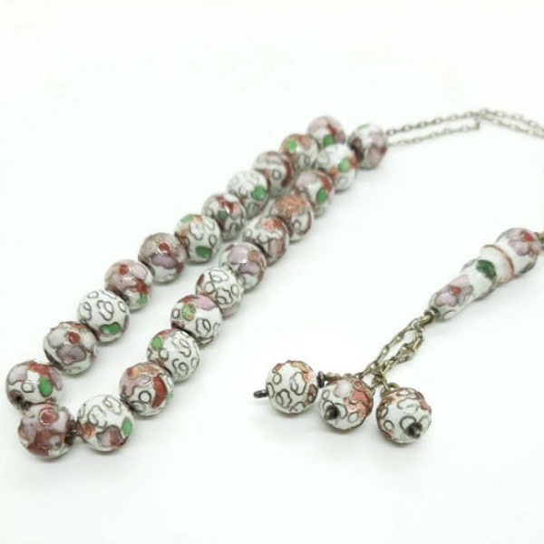 Perles cloisonnées chinoises argentées de prière vintage Tasbih Misbaha.