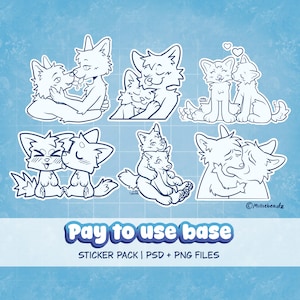 May include: A digital sticker pack featuring six line art illustrations of anthropomorphic fox-like characters in various affectionate poses. The text reads Pay to use base, STICKER PACK | PSD + PNG FILES, and the artist signature Milliebeadz.