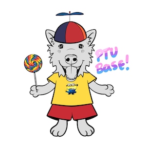 May include: A cartoon illustration of a wolf-like character wearing a red, blue, and black propeller hat, a yellow t-shirt with a Minion graphic, and red shorts. The wolf is holding a colorful lollipop and the text "PTU Base!" is visible.