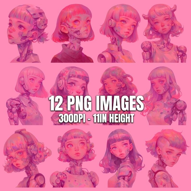 Neon Anime Android Girls Bundle 12 PNG Illustrations Anime Clip Art