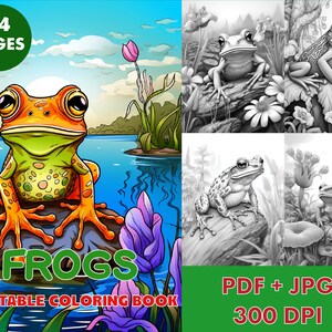 Frogs Coloring Book - Grayscale Coloring Book for Adults - Printable Coloring Pages PDF