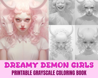 Dreamy Demon Girls Coloring Book - Grayscale Coloring Book for Adults - Printable Coloring Pages PDF