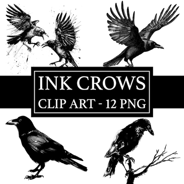 Ink Crow Clip Art Bundle - Set of 12 PNG Illustrations, Transparent Background - Digital Ink Drawing Clip Art - Printable Art