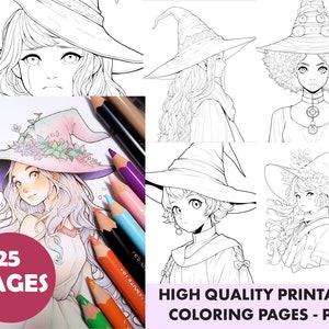 25 Fantasy Witches - Printable coloring pages - Coloring book for adults and kids - Printable PDF