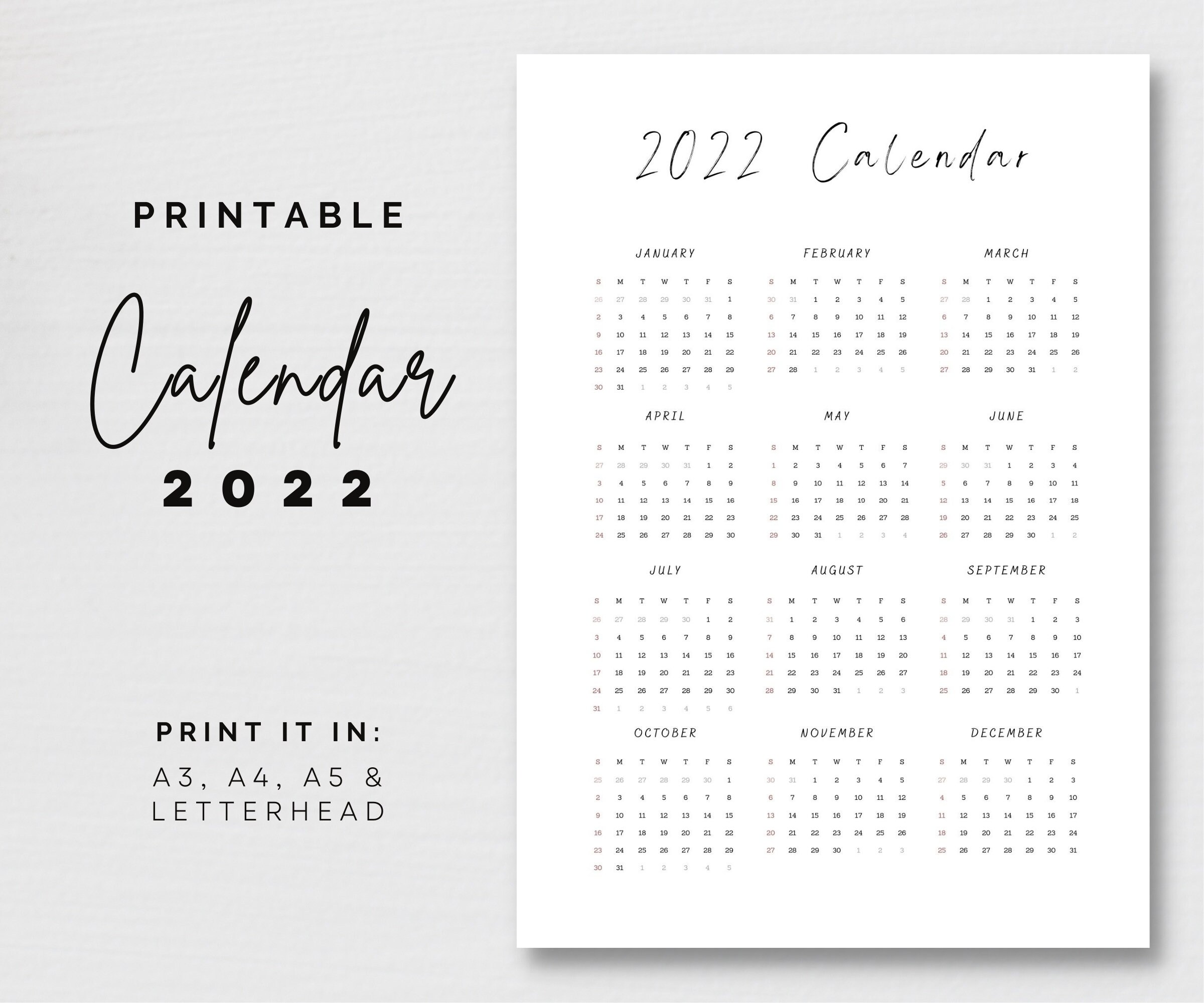 2022 calendar printable 2022 single page calendar etsy