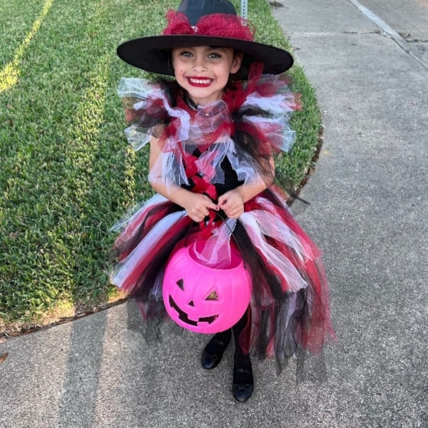 Beautiful witch with hat tutu Choice of Red , Purple or Multi color witch with broom Halloween Costume