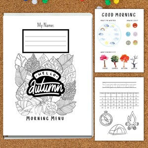 May include: Black and white printable worksheet with an autumn theme. The worksheet includes a cover page with a title that says "Hello Autumn" and a section for a child to write their name. The worksheet also includes a calendar for September, a weather chart, a section for a child to draw a picture of their morning menu, and a section for a child to draw a picture of how they are feeling.