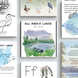 May include: A watercolor illustration of a lake scene with a small boat in the water. The lake is surrounded by green trees and the sky is a light blue with white clouds. The text "All About Lakes" is written in black at the top of the image.