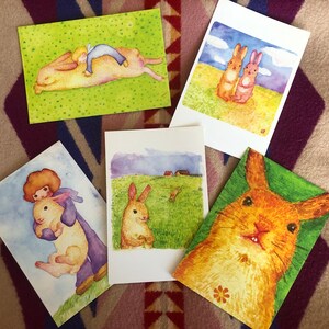 5 Piece Postcard Set, 5 Bunny Postcard Set of Green, Rabbit Card Set, Water Color Rabbits