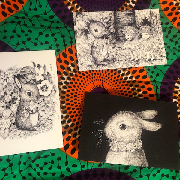 3 Piece Postcard Set, Bunny Post card Set, Rabbit Drawing Set