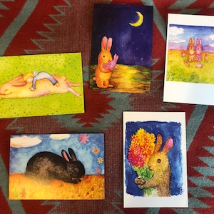 5 Piece Postcard Set, 5 Bunny Postcard Set of Blue, Rabbit Card Set, Water Color Rabbits
