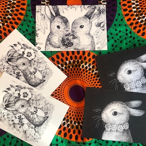 5 piece post card set, Pen drawing post cards, Rabbit Post card Set