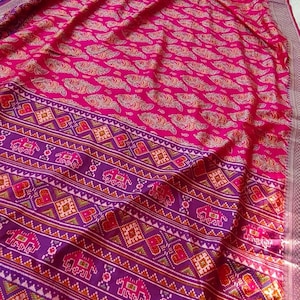 Pink rose floral dola silk pochampally saree with stitched blouse purple floral print woven border in muted gold soft and flowy silk