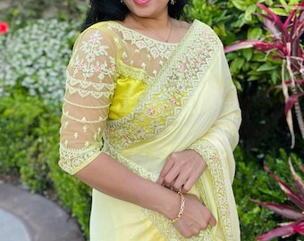 Yellow Glitter Chiffon Saree: Embroidered Scallop Border, Stitched Blouse
