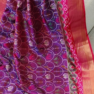 Purple ikkat patola print dola silk saree with stitched blouse pink blouse with kanchi border blouse size 38 soft rich silk saree