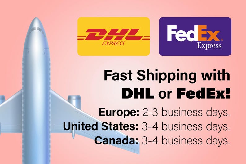 K&ouml;nnte beinhalten: Ein silbernes Flugzeug mit den Logos von DHL Express und FedEx Express. Schneller Versand mit DHL oder FedEx! Europa: 2-3 Werktage. Vereinigte Staaten: 3-4 Werktage. Kanada: 3-4 Werktage.