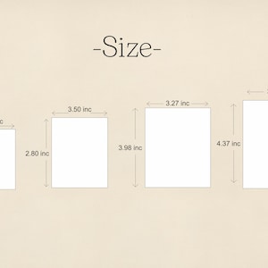 K&ouml;nnte beinhalten: Diagramm mit vier verschiedenen Gr&ouml;&szlig;en von leeren wei&szlig;en Karten mit Ma&szlig;en in Zoll. Die Karten sind von klein nach gro&szlig; angeordnet.